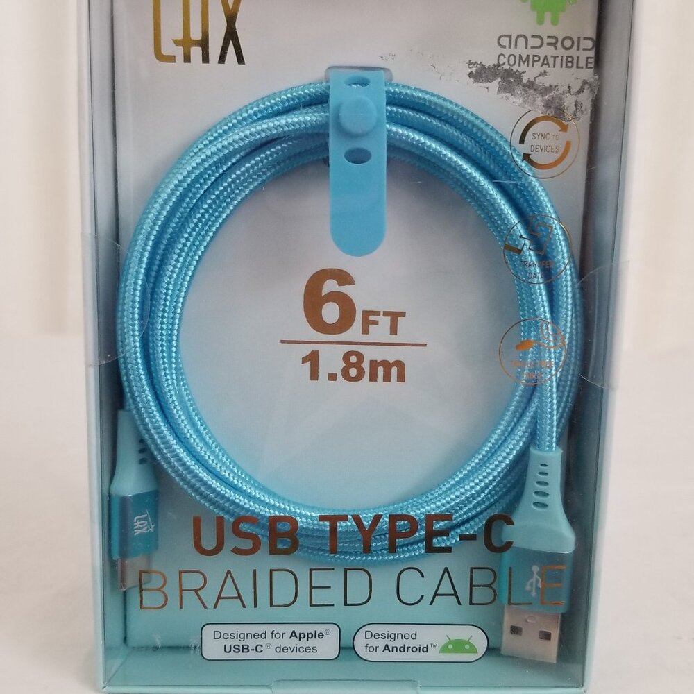 LAX USB Type C Braided Cable Android Apple Compatible 6 Ft. Baby Blue Brand New